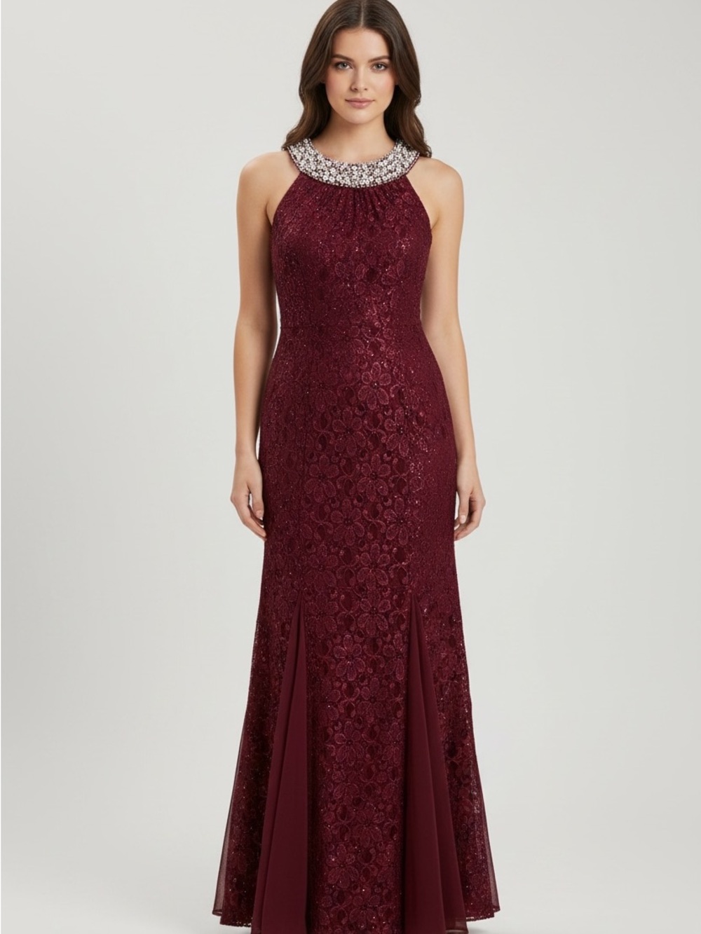 R & M Richard’s Floral Pearl-Accent Burgundy Evening Dress